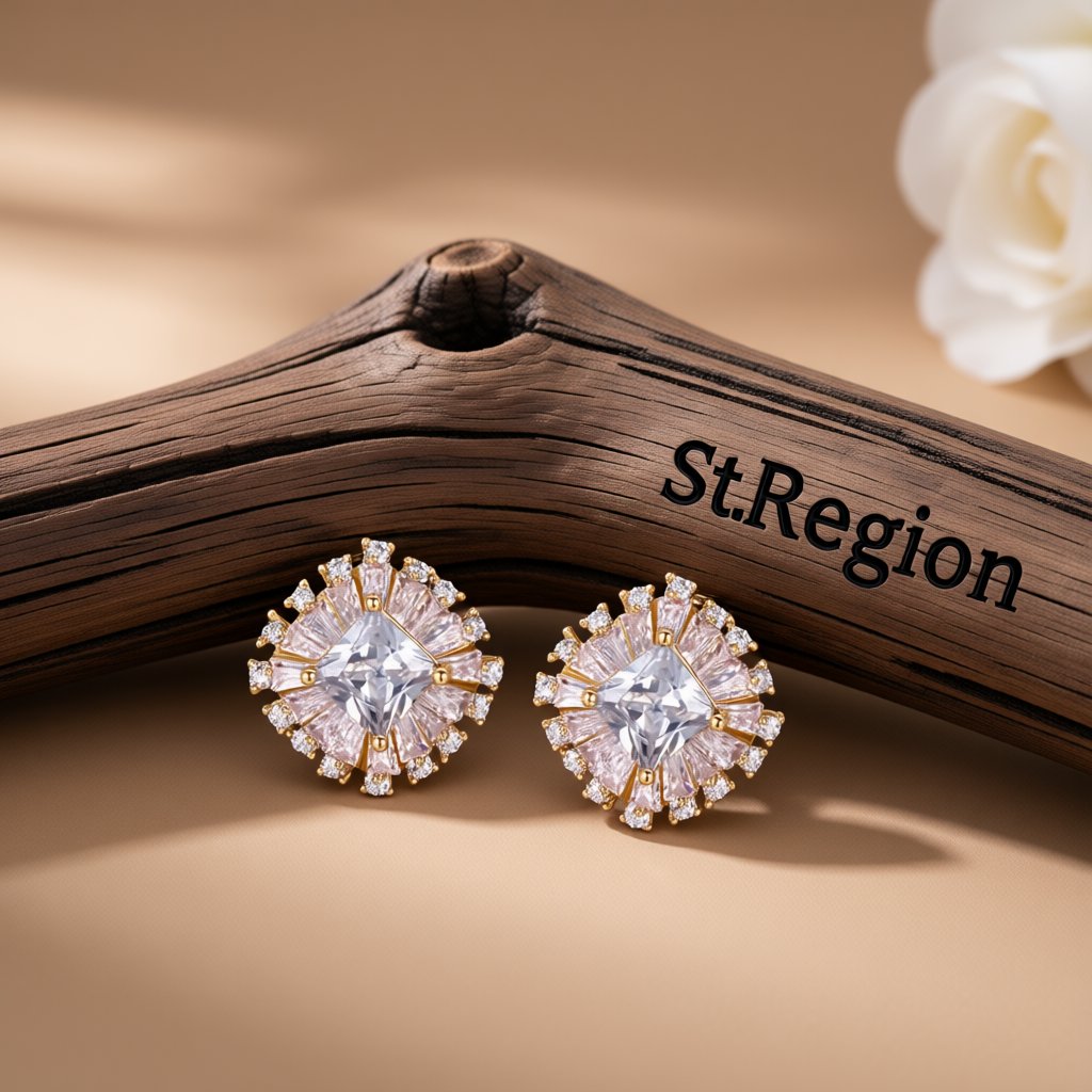 Crystal and Cubic Zirconia Halo Stud Earrings, stud earrings for women, botanical inspired, front view
