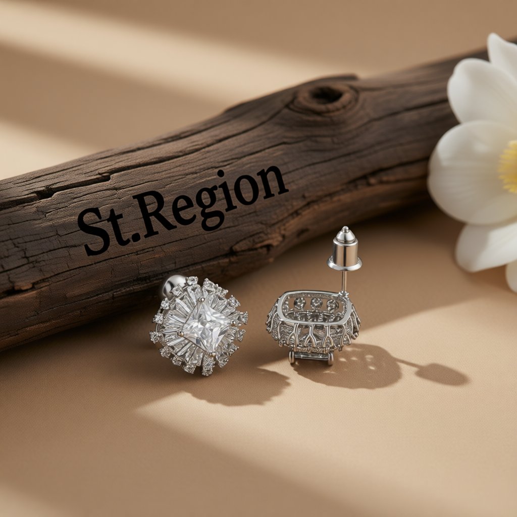 Crystal and Cubic Zirconia Silver-Plated Hola Stud Earrings, silver stud earrings for women, botanical inspired, front view