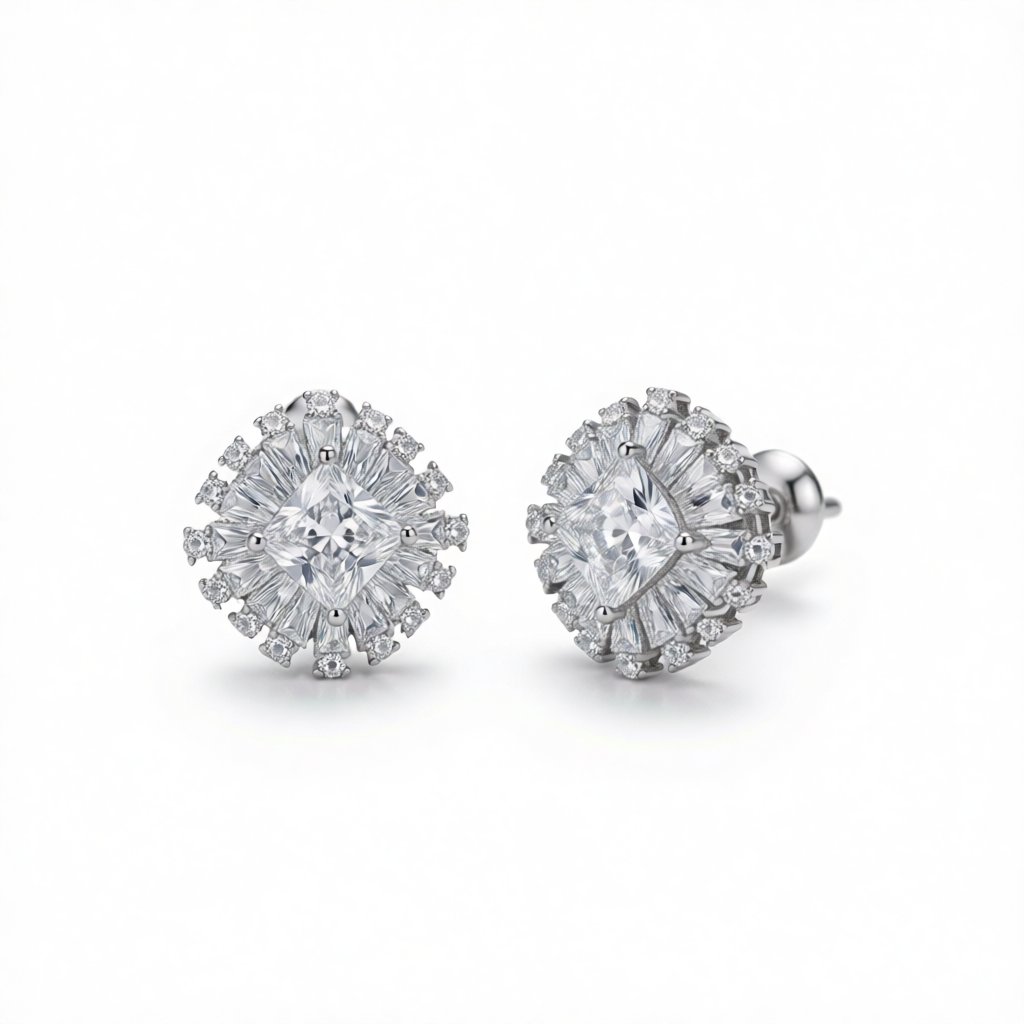 Crystal and Cubic Zirconia Silver-Plated Hola Stud Earrings, silver stud earrings for women, botanical inspired, side view