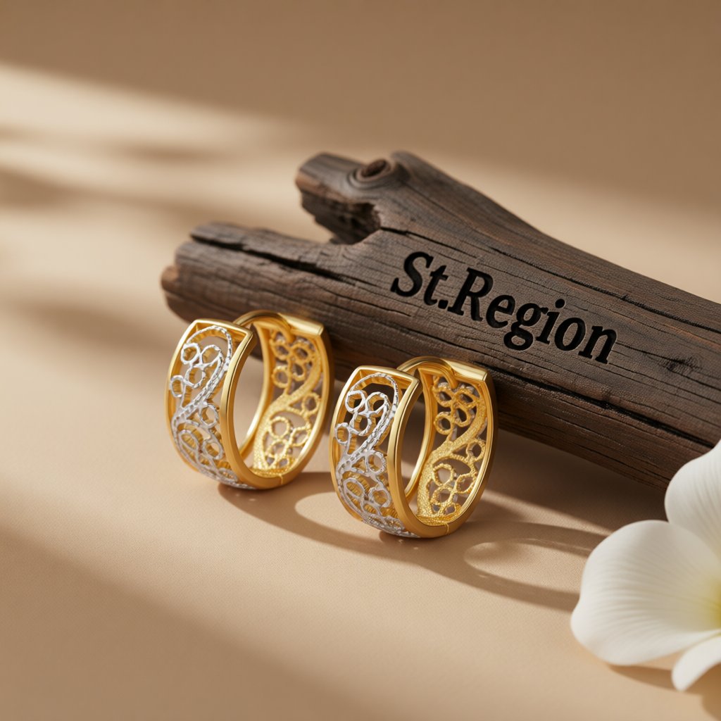Two-Tone Floral Huggie Earrings, huggie earrings, vintage-inspired design, front view
