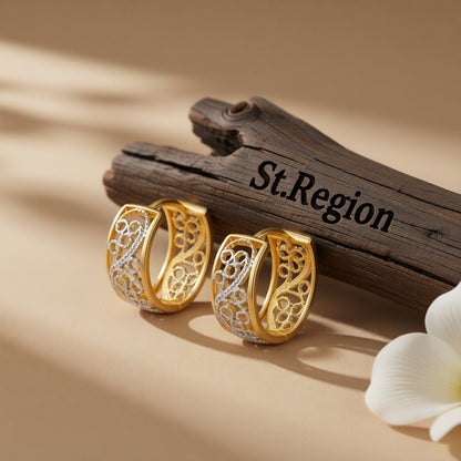 Two-Tone Floral Huggie Earrings, huggie earrings, vintage-inspired design, front view