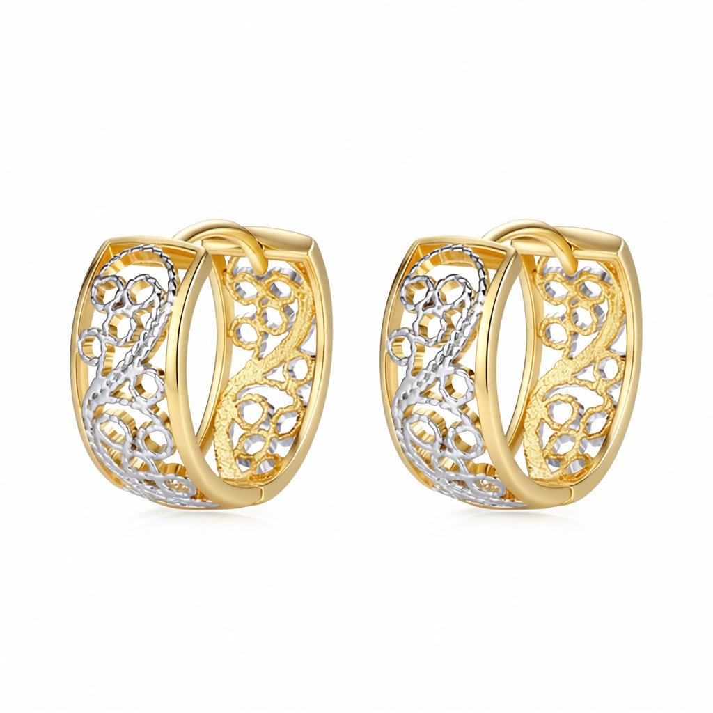 Two-Tone Floral Huggie Earrings, huggie earrings, vintage-inspired design, side view