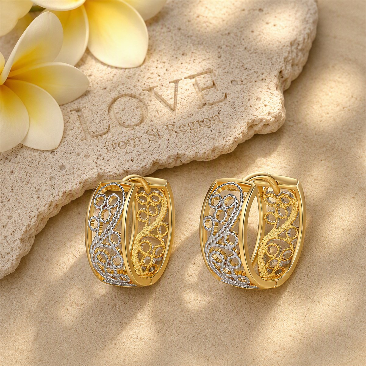 Two-Tone Floral Huggie Earrings, huggie earrings, vintage-inspired design, lifestyle look