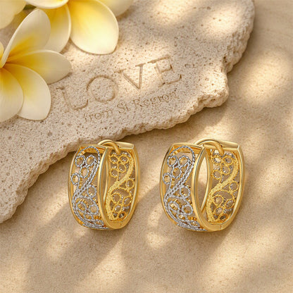 Two-Tone Floral Huggie Earrings, huggie earrings, vintage-inspired design, lifestyle look