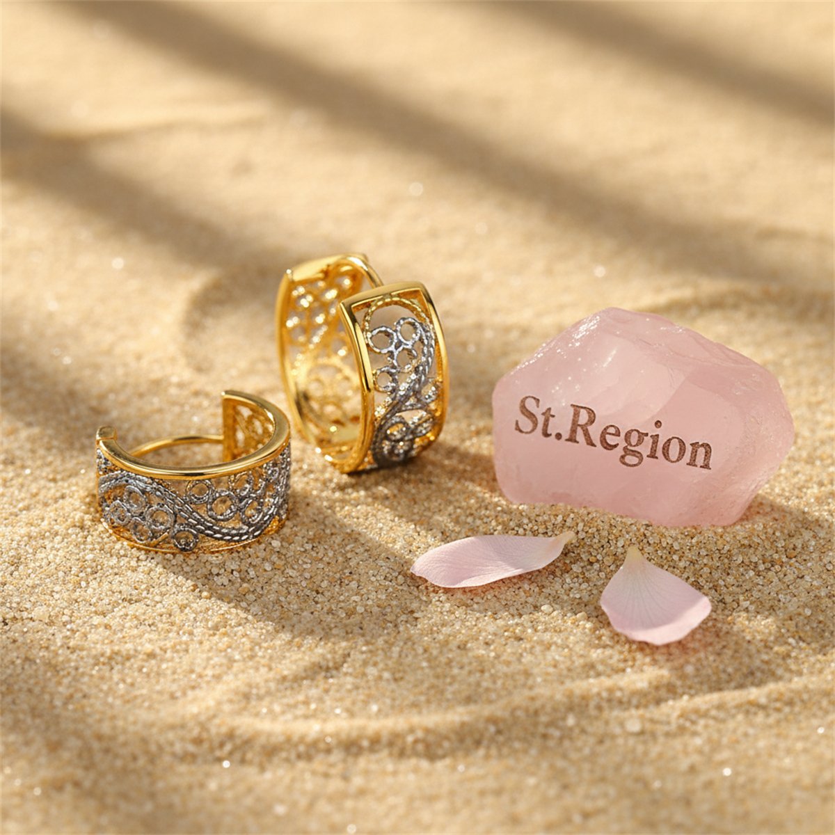 Two-Tone Floral Huggie Earrings, huggie earrings, vintage-inspired design, detail close-up