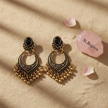 18K Gold-Plated and Black Resin Bell-Tassel Drop Earrings, gold drop earrings for women, detail close-up