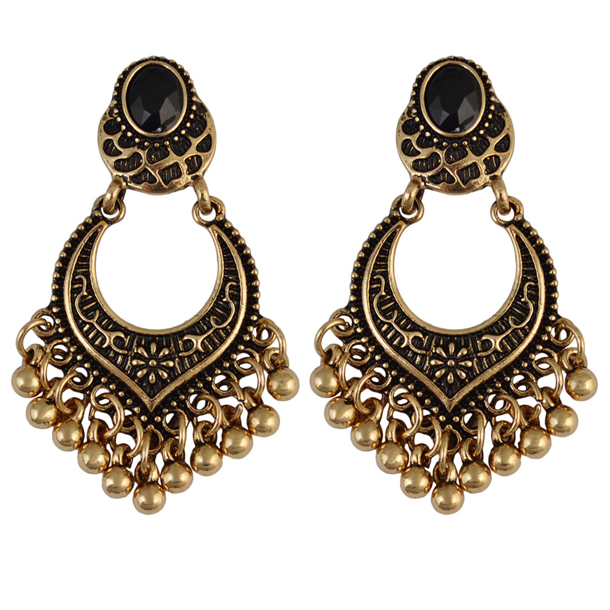 Elegant 18K gold-plated earrings featuring black resin stones and beads, designed as stylish bell-tassel drops.