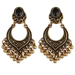 Elegant 18K gold-plated earrings featuring black resin stones and beads, designed as stylish bell-tassel drops.