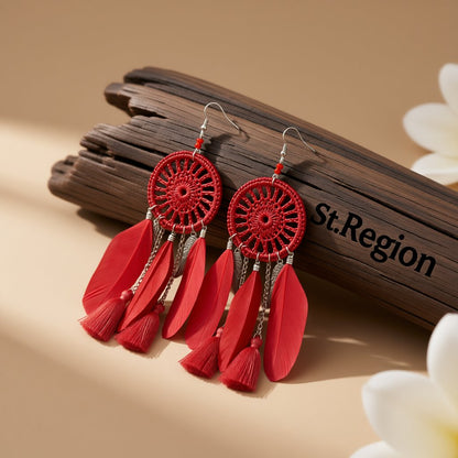 Red and Silver-Plated Wing Dreamcatcher Drop Earrings, silver drop earrings for women, everyday style, front view