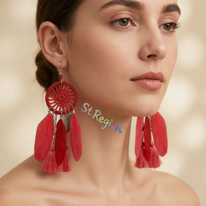 Red and Silver-Plated Wing Dreamcatcher Drop Earrings, silver drop earrings for women, everyday style, styled look
