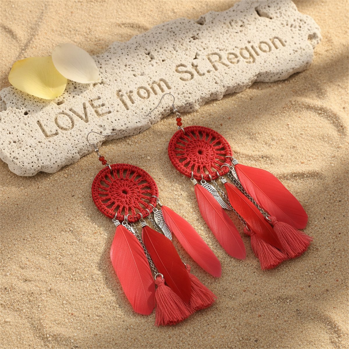 Red and Silver-Plated Wing Dreamcatcher Drop Earrings, silver drop earrings for women, everyday style, lifestyle look