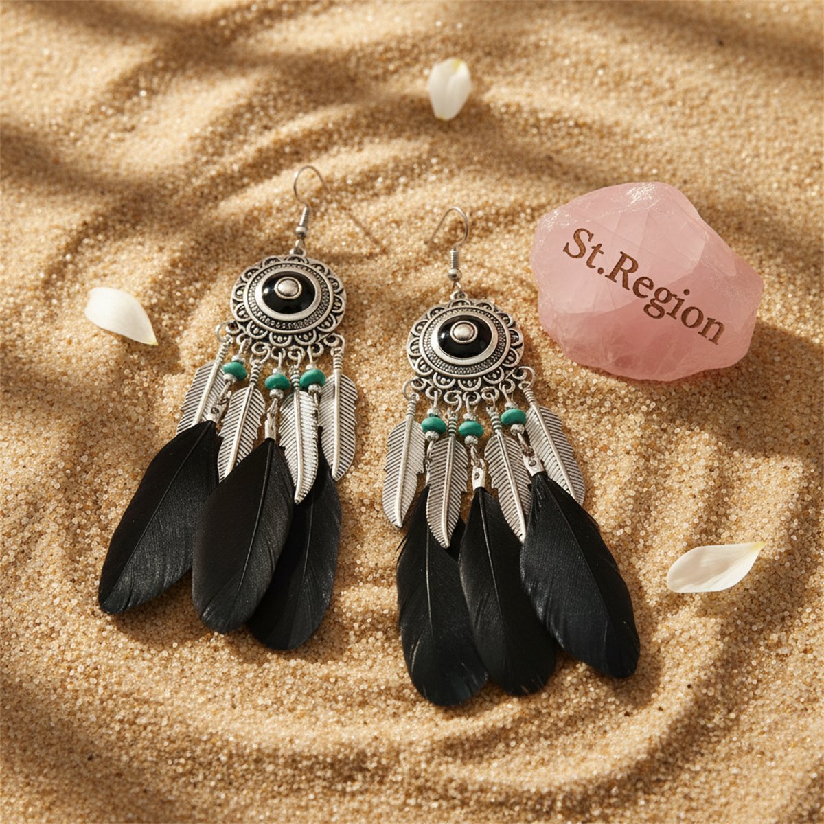 Black Feather and Silver-Plated Drop Earring, silver drop earrings for women, botanical inspired, detail close-up