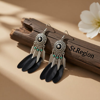 Black Feather and Silver-Plated Drop Earring, silver drop earrings for women, botanical inspired, front view