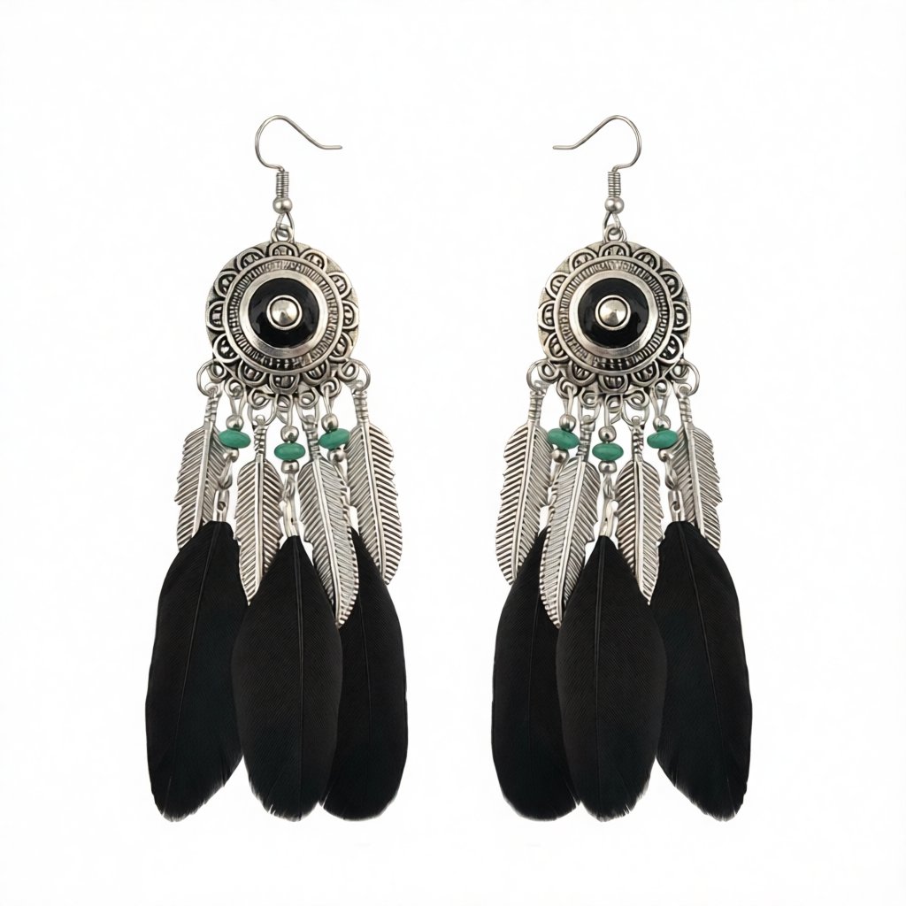 Black Feather and Silver-Plated Drop Earring, silver drop earrings for women, botanical inspired, side view