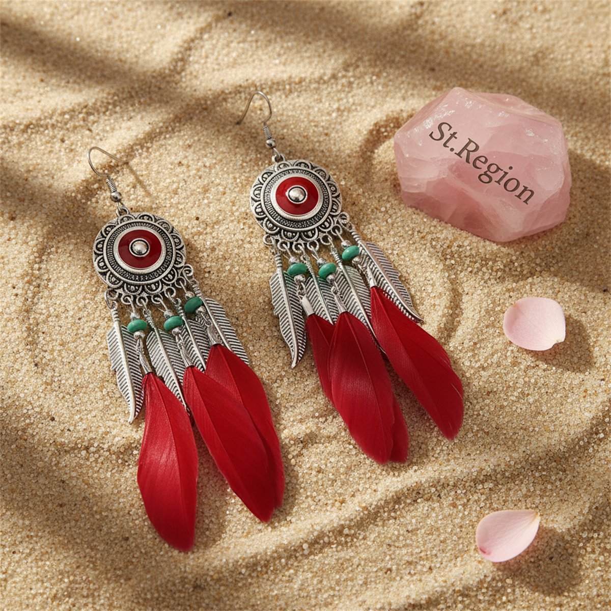 Red and Silver-Plated Feather Dreamcatcher Drop Earrings, silver drop earrings for women, detail close-up