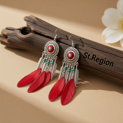 Red and Silver-Plated Feather Dreamcatcher Drop Earrings, silver drop earrings for women, vintage-inspired design, front view