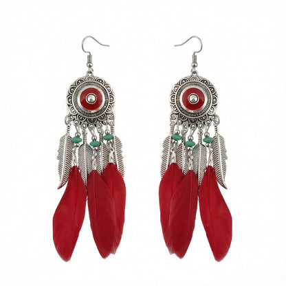 Red and Silver-Plated Feather Dreamcatcher Drop Earrings, silver drop earrings for women, vintage-inspired design, side view