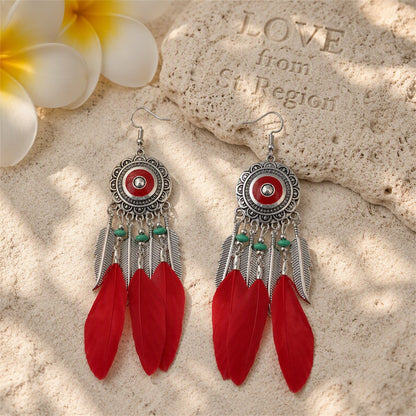 Red and Silver-Plated Feather Dreamcatcher Drop Earrings, silver drop earrings for women, lifestyle look