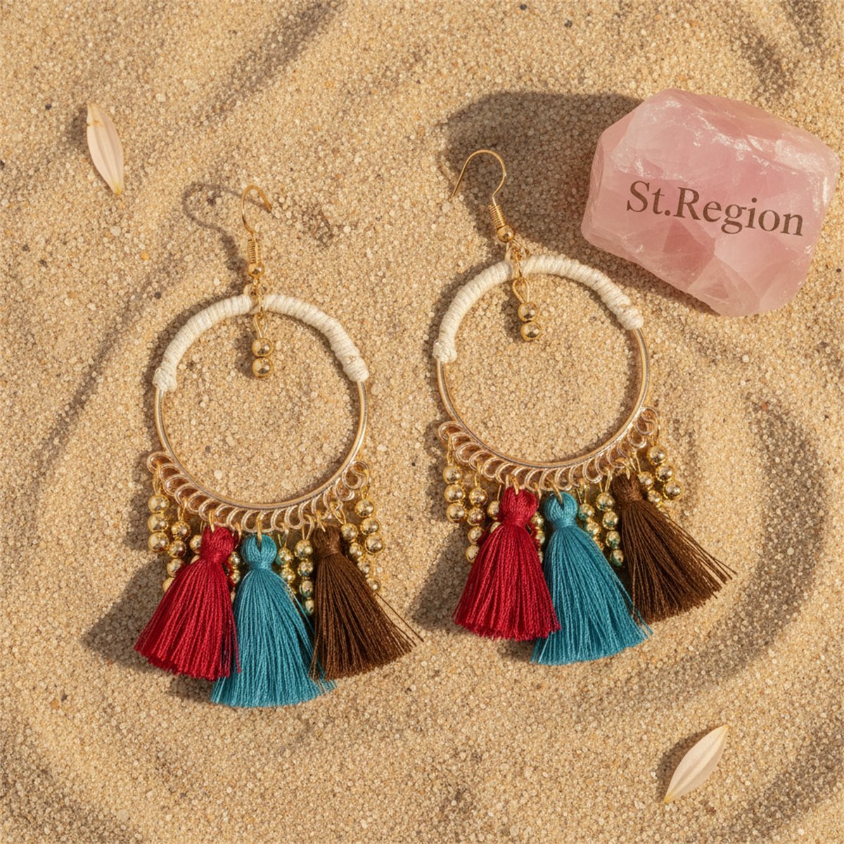 18K Gold-Plated Beaded Tassel-Accent Drop Earrings, gold drop earrings for women, botanical inspired, detail close-up