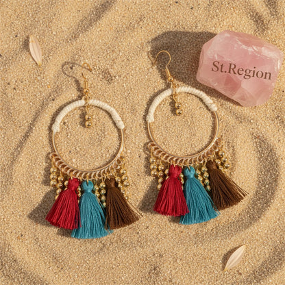 18K Gold-Plated Beaded Tassel-Accent Drop Earrings, gold drop earrings for women, botanical inspired, detail close-up