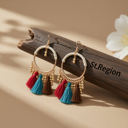 18K Gold-Plated Beaded Tassel-Accent Drop Earrings, gold drop earrings for women, botanical inspired, front view