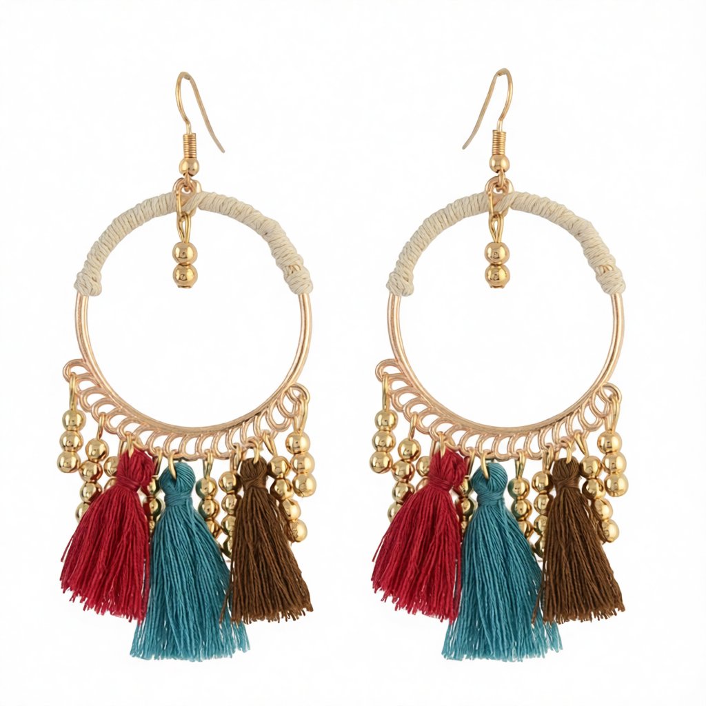 18K Gold-Plated Beaded Tassel-Accent Drop Earrings, gold drop earrings for women, botanical inspired, side view