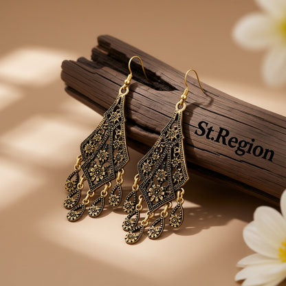 18K Gold-Plated Engraving Hollow Drop Earrings, gold drop earrings for women, botanical inspired, front view