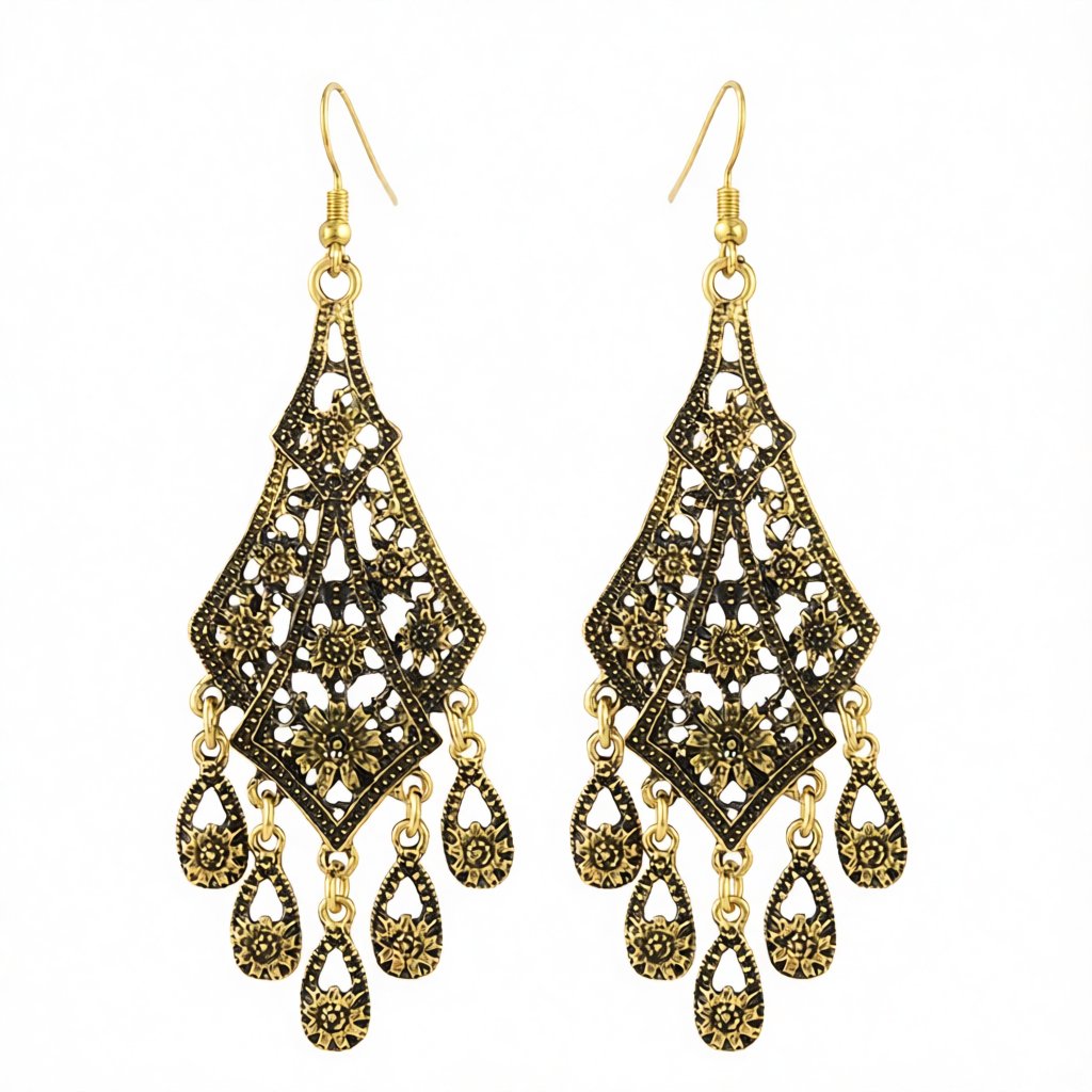 18K Gold-Plated Engraving Hollow Drop Earrings, gold drop earrings for women, botanical inspired, side view