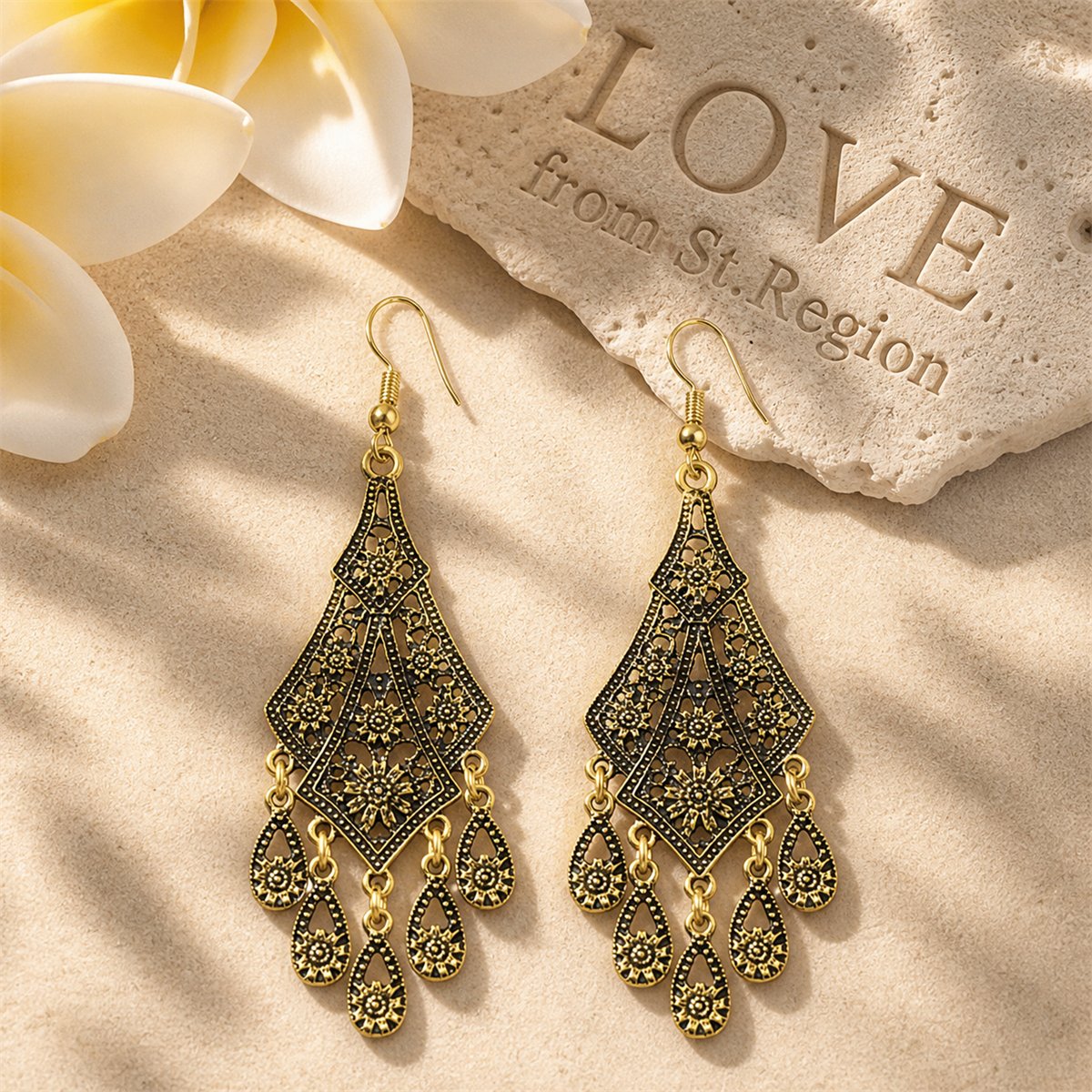 18K Gold-Plated Engraving Hollow Drop Earrings, gold drop earrings for women, botanical inspired, lifestyle look
