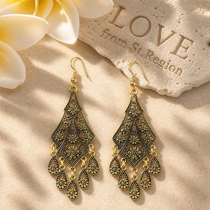 18K Gold-Plated Engraving Hollow Drop Earrings, gold drop earrings for women, botanical inspired, lifestyle look