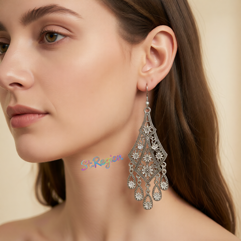 Silver-Plated Engraving Hollow Drop Earrings
