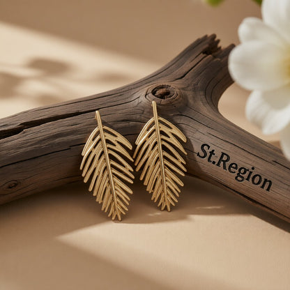 18K Gold-Plated Leaves Drop Earrings, gold drop earrings for women, dainty minimalist design, front view