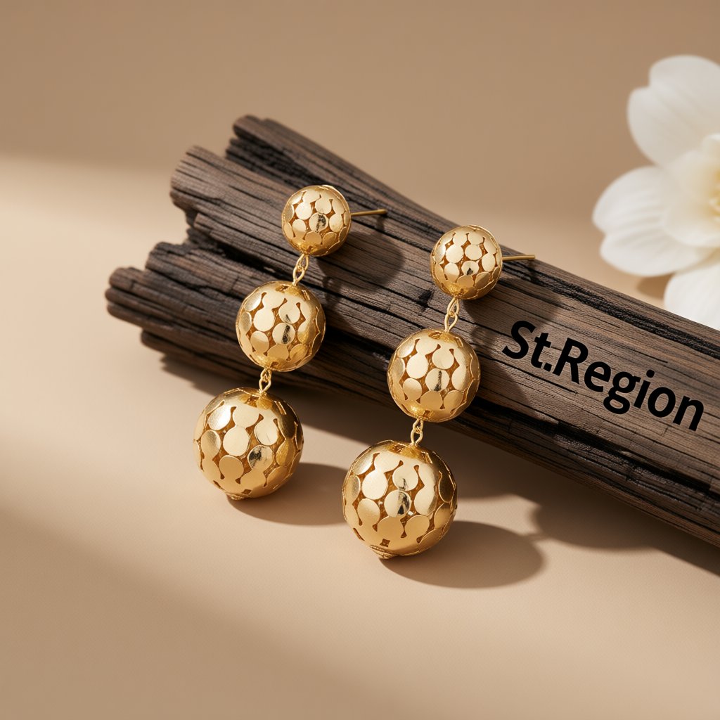 18K Gold-Plated Linking Sequin Ball Drop Earrings, gold drop earrings for women, botanical inspired, front view