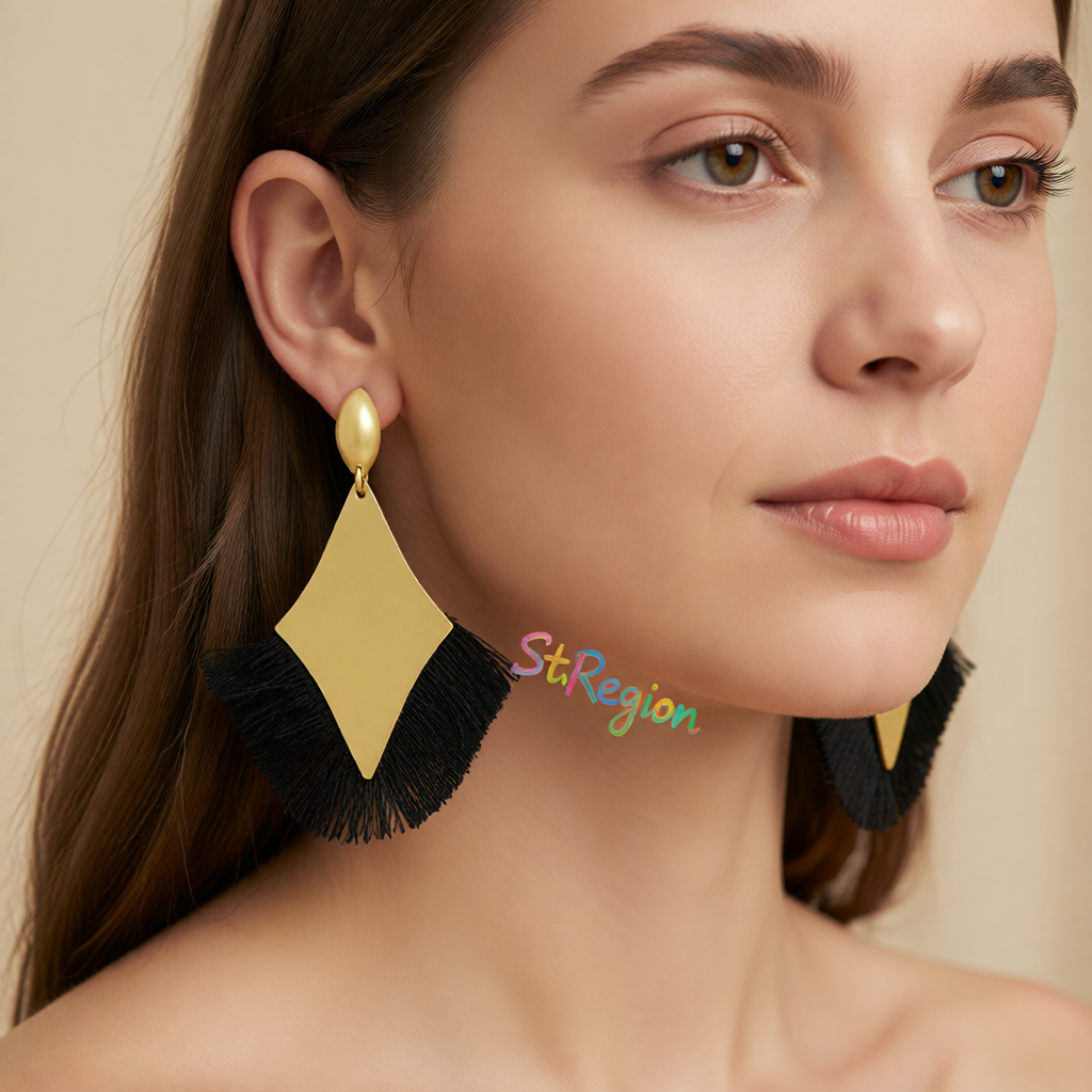 Black Polyster & 18K Gold-Plated Rhombus Tassel Fan Drop Earrings