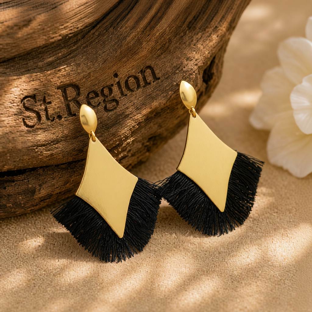 Black Polyster & 18K Gold-Plated Rhombus Tassel Fan Drop Earrings