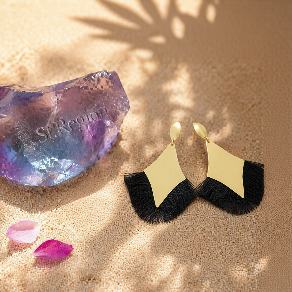 Black Polyster & 18K Gold-Plated Rhombus Tassel Fan Drop Earrings
