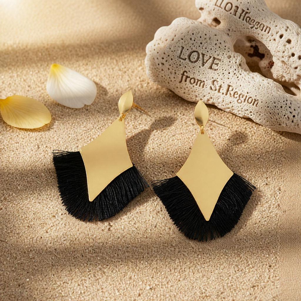 Black Polyster & 18K Gold-Plated Rhombus Tassel Fan Drop Earrings