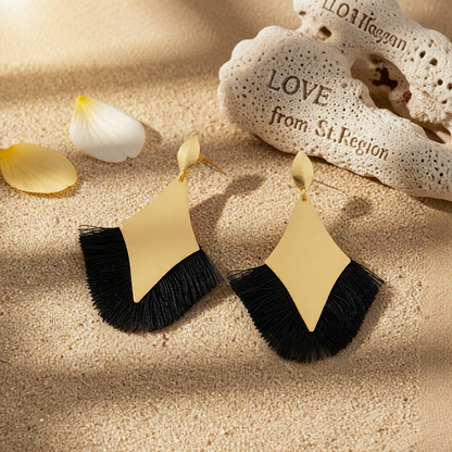 Black Polyster & 18K Gold-Plated Rhombus Tassel Fan Drop Earrings