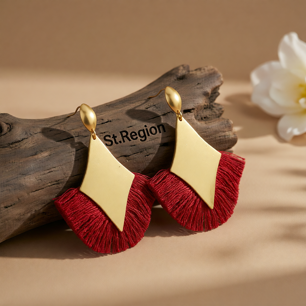 Red Polyster & 18K Gold-Plated Rhombus Tassel Fan Drop Earrings