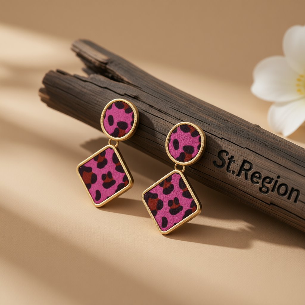 Rose Gabardine and 18K Gold-Plated Leopard Print Drop Earrings, gold drop earrings for women, front view