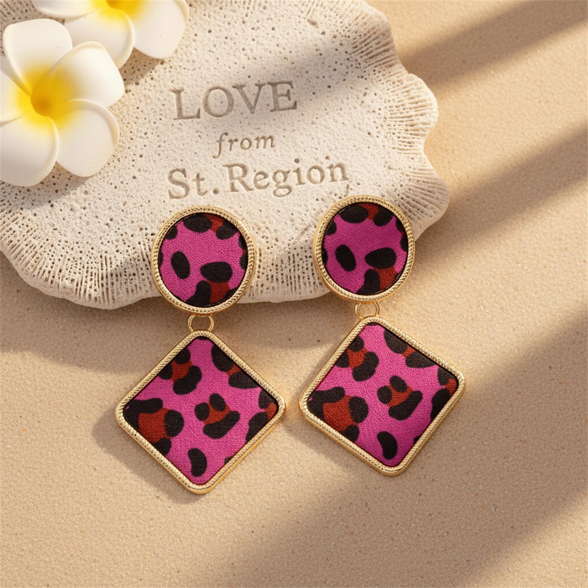 Rose Gabardine and 18K Gold-Plated Leopard Print Drop Earrings, gold drop earrings for women, lifestyle look