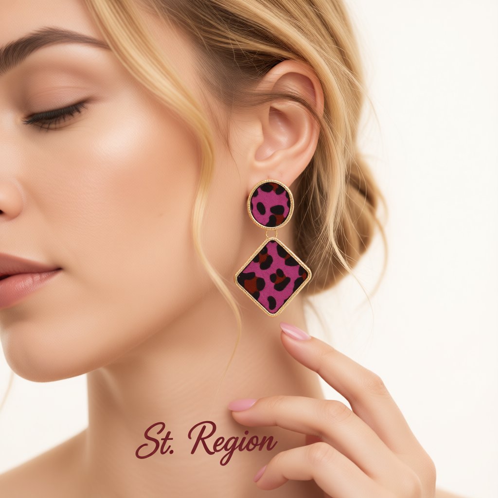 Rose Gabardine and 18K Gold-Plated Leopard Print Drop Earrings, gold drop earrings for women, styled look