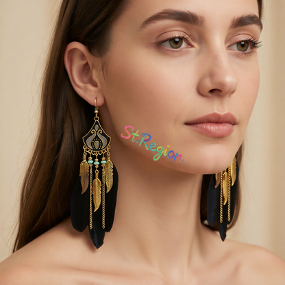 Black Feather & Turquoise Tassel Dangle Earring