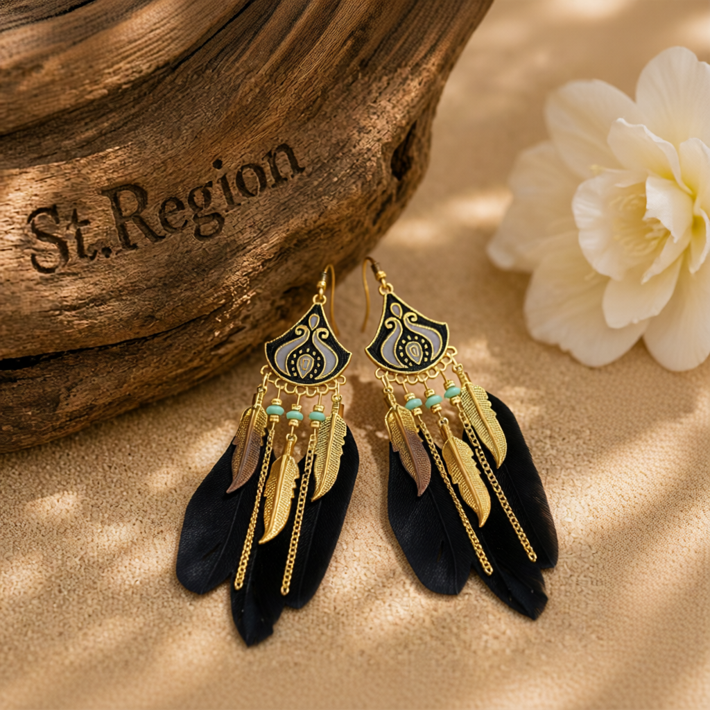 Black Feather & Turquoise Tassel Dangle Earring