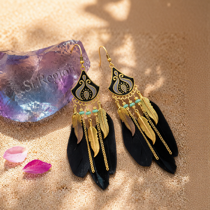 Black Feather & Turquoise Tassel Dangle Earring