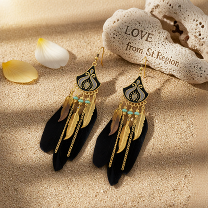 Black Feather & Turquoise Tassel Dangle Earring