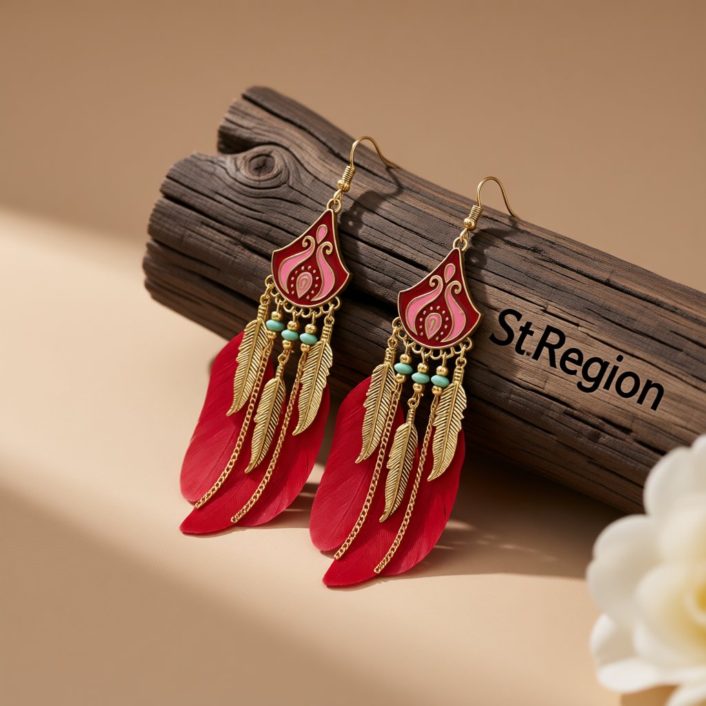 Red Feather and Enamel Turquoise Tassel Dangle Earring, drop earrings for women, vintage-inspired design, front view