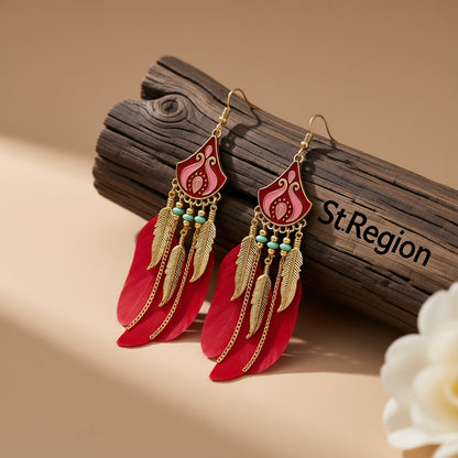 Red Feather and Enamel Turquoise Tassel Dangle Earring, drop earrings for women, vintage-inspired design, front view