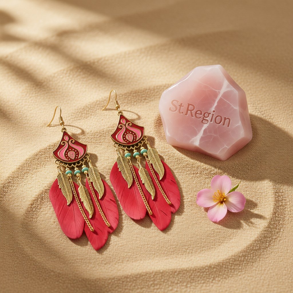 Red Feather and Enamel Turquoise Tassel Dangle Earring, drop earrings for women, detail close-up