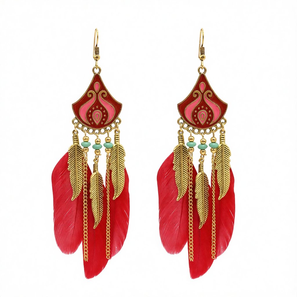 Red Feather and Enamel Turquoise Tassel Dangle Earring, drop earrings for women, vintage-inspired design, side view